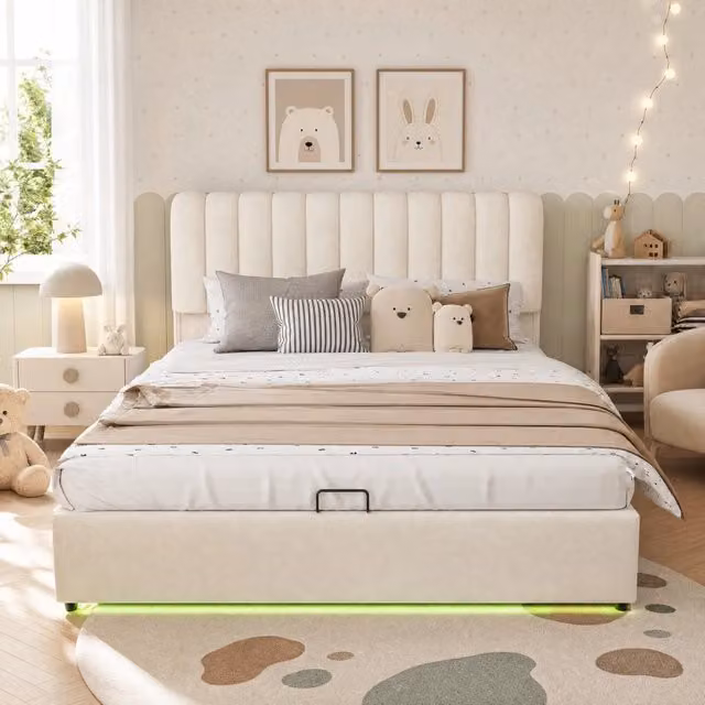 Letto contenitore REDOM con base a sollevamento idraulico e struttura imbottita in velluto beige, L 140 cm x P 200 cm