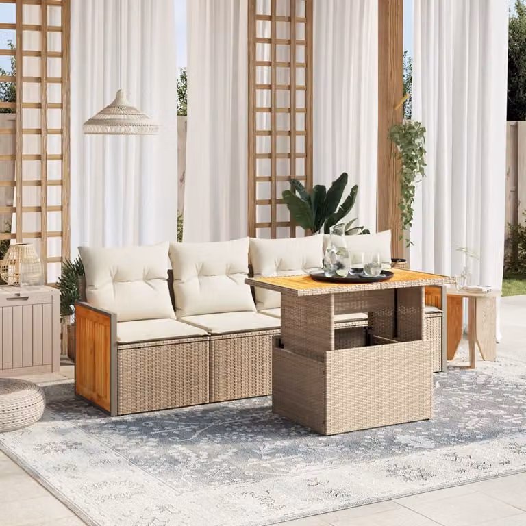 Set Divano da Giardino vidaXL 5 Pezzi con Cuscini Beige e Tavolino in Polyrattan e Legno di Acacia