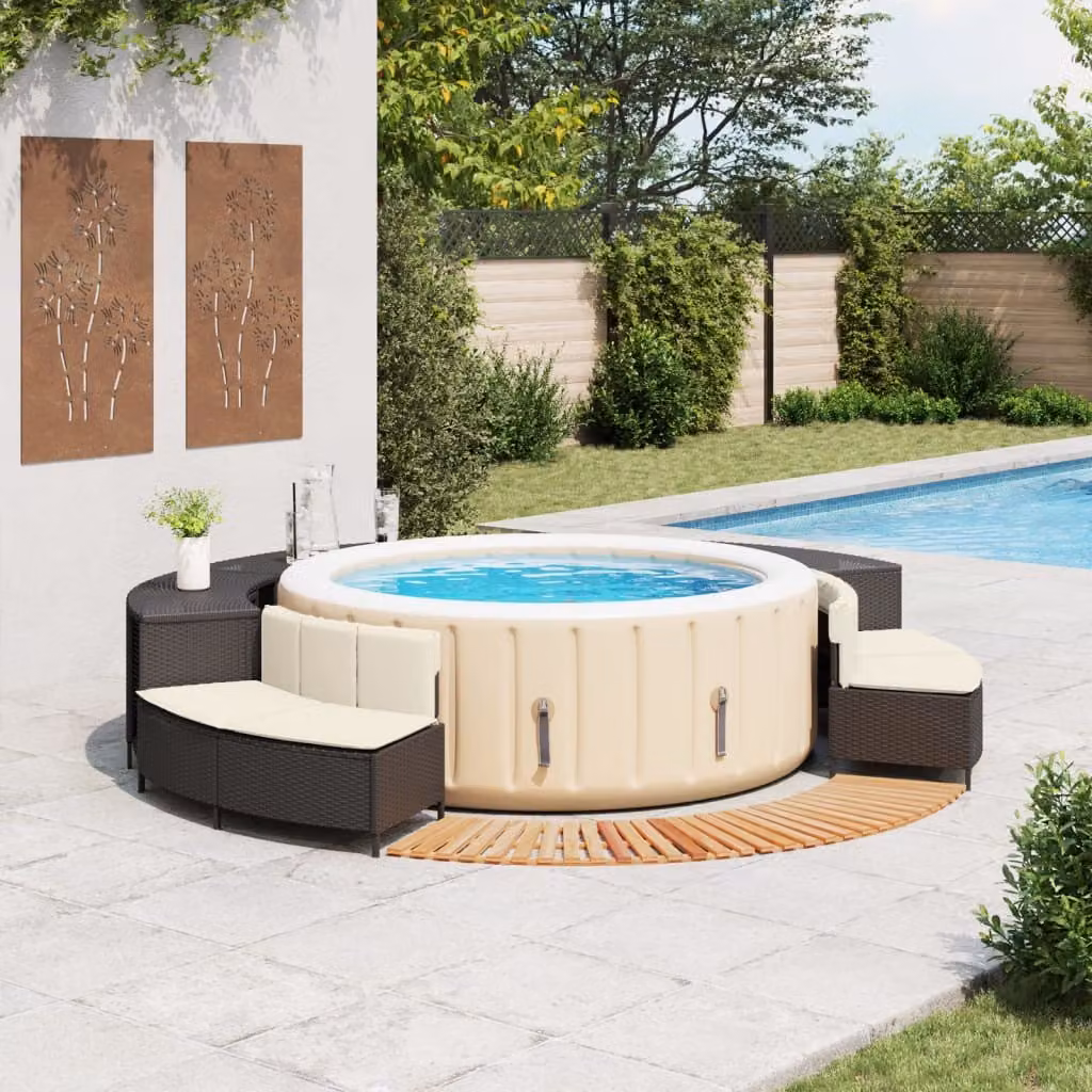 Bordo per Spa Nero in Polyrattan e Legno Massello di Acacia