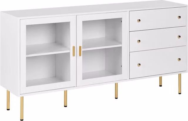 Credenza in MDF bianco con ante in vetro e 2 cassetti Accenti dorati