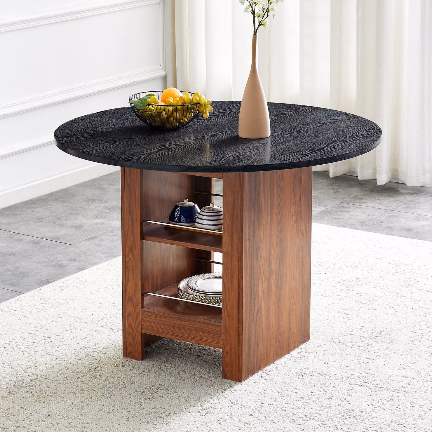 Tavolo rotondo MODFU per 2-4 persone, tavolo da cucina con vani portaoggetti aperti, piano del tavolo spesso 2 cm e struttura in metallo, dimensioni 100x76 cm, finitura noce e nero