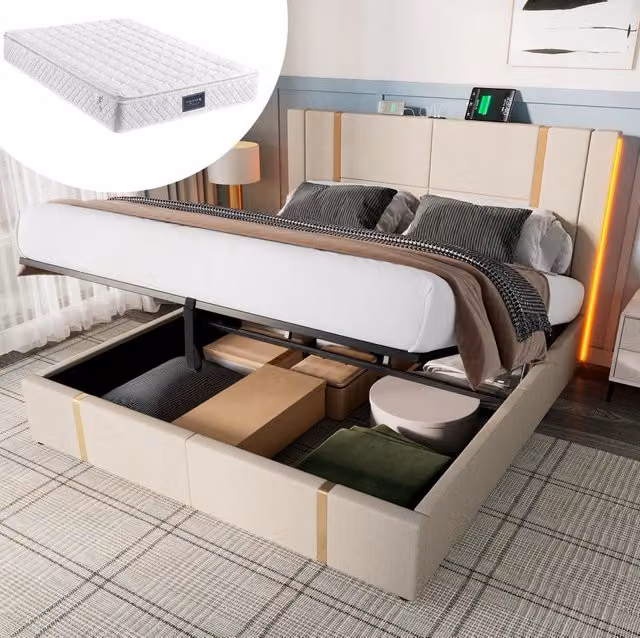 Letto contenitore 160x200 beige con LED, USB e rete a doghe