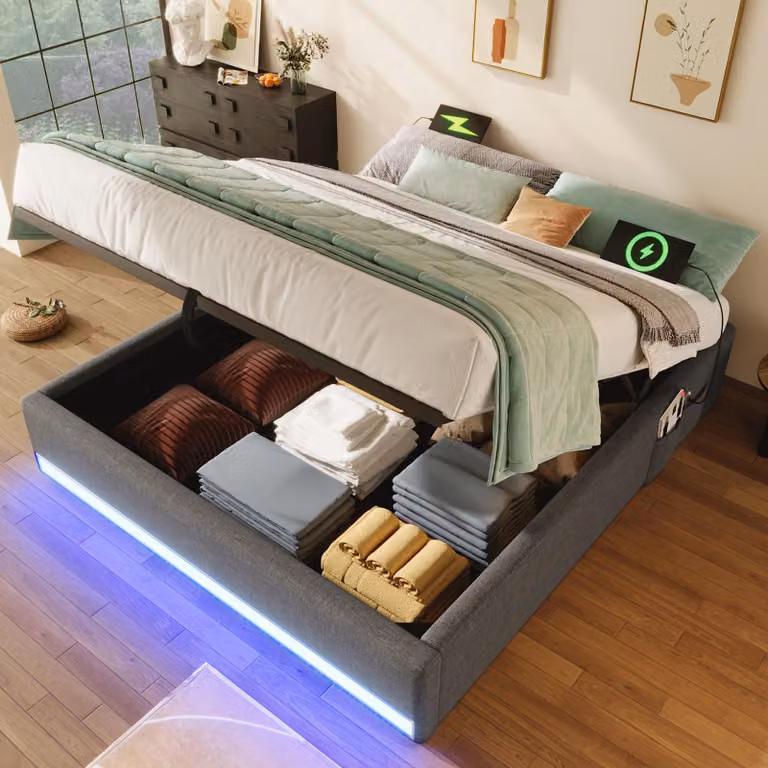 Letto imbottito STILVORA 140×200 con porta di ricarica USB e type-C, letto per ragazzi con luce LED e tasche portaoggetti, letto contenitore senza testata con rete a doghe, senza materasso, grigio