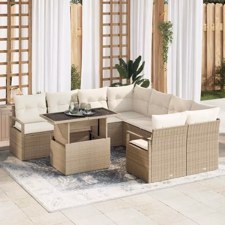 Set Divano da Giardino vidaXL 9 Pezzi a Forma di U con Tavolino, Colore Beige, Struttura in Metallo e Polyrattan per 8 Persone