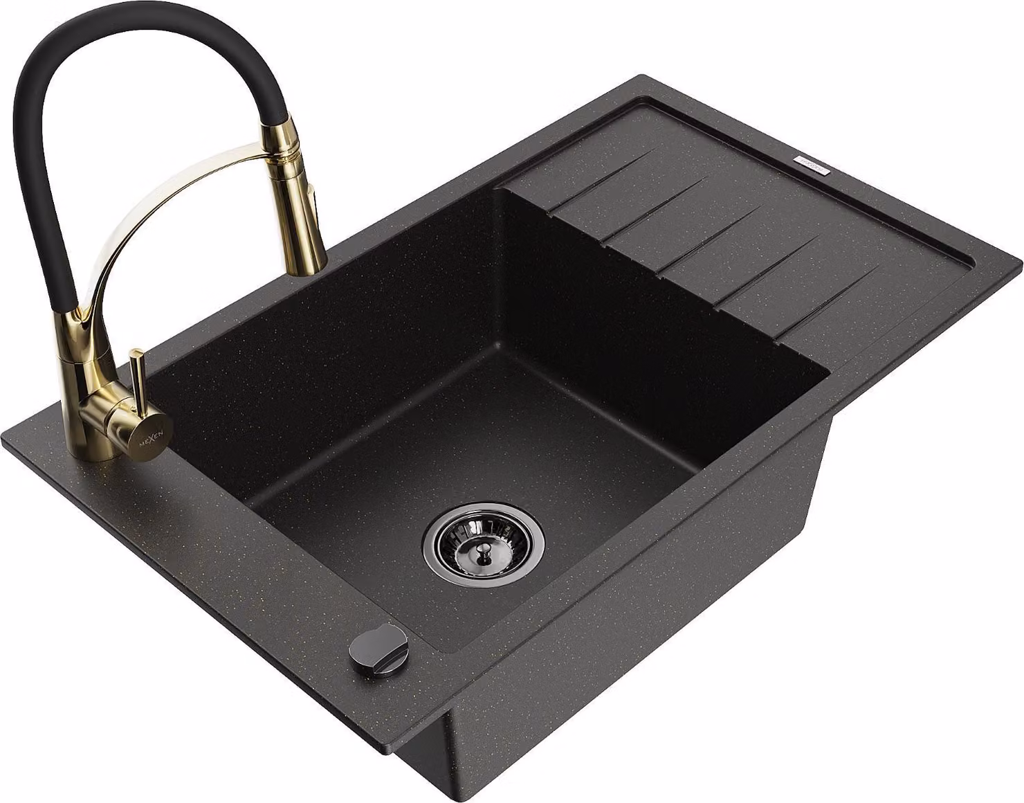 Mexen Elias lavello in granito a 1 vasca con scolapiatti e rubinetto da cucina Aster, nero/oro metallizzato - 6511-75-73450-57-B