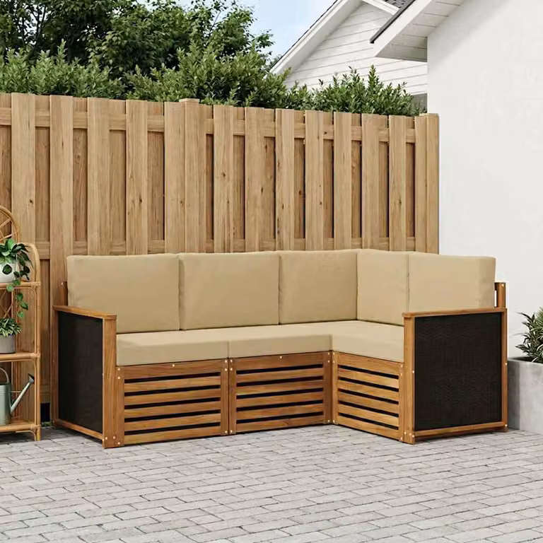 Set di divani da esterno a L vidaXL in legno di acacia con cuscini beige e marrone