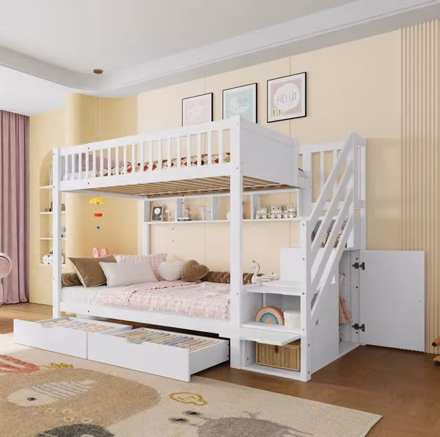 Letto a castello ULEVR 90x200 cm con scala contenitore, armadio, cassetti e ripiani, bianco
