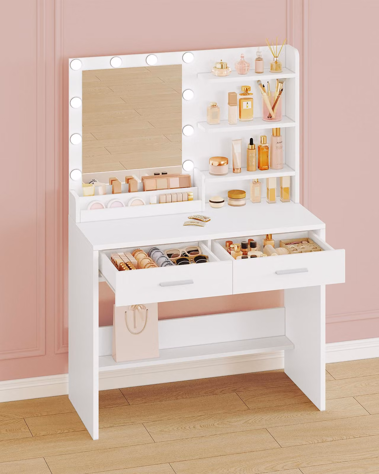 Comò con specchio - Bianco - Illuminazione LED - 2 cassetti e 4 ripiani