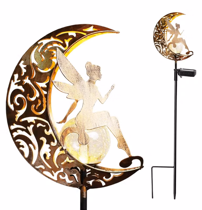 Lampada solare a forma di fata, 84 cm, luce bianco caldo, metallo, impermeabile, per giardino