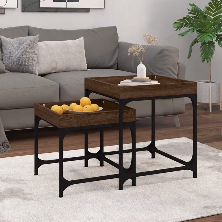 Set di 2 tavolini da soggiorno vidaXL in stile industriale, colore rovere marrone, in legno e metallo, forma quadrata