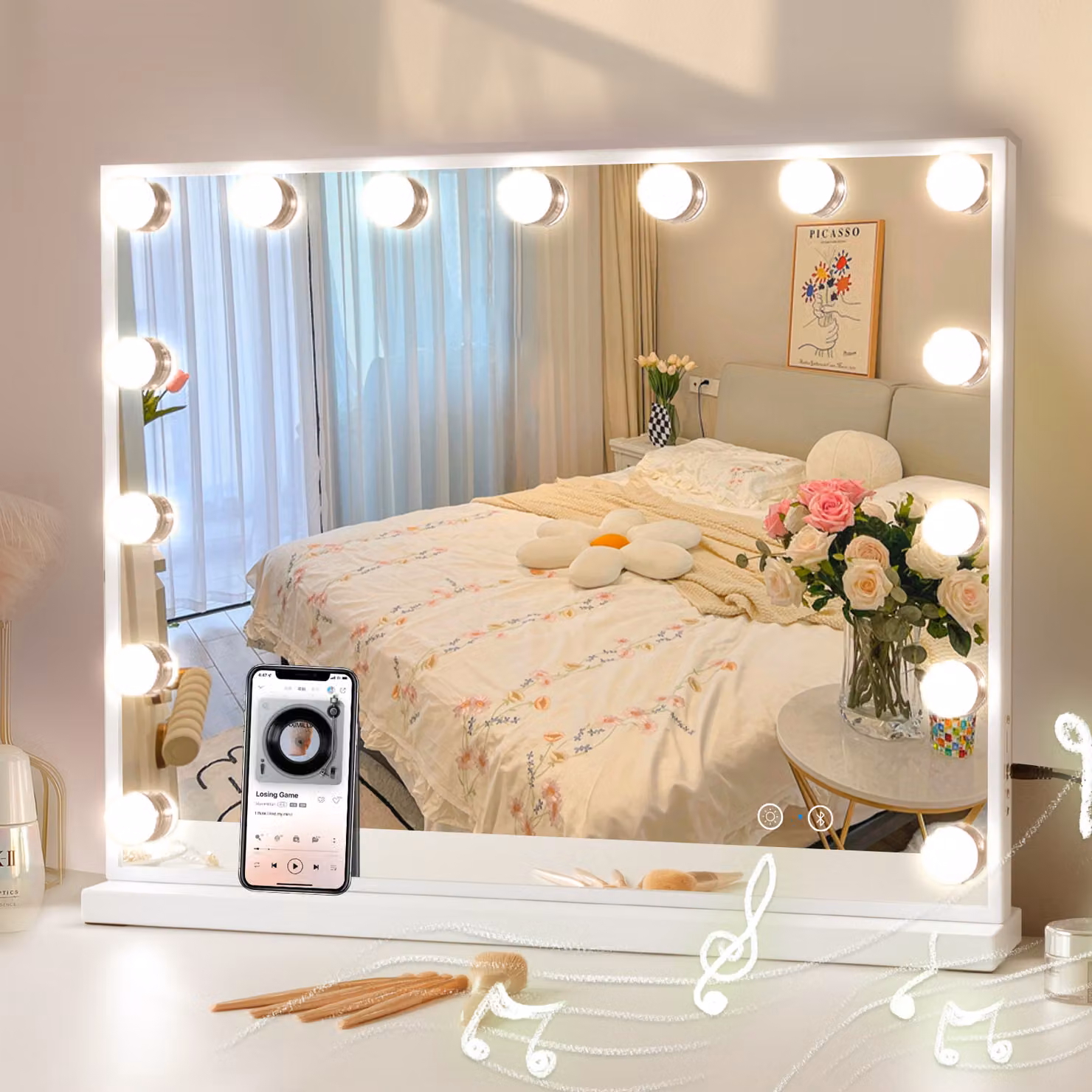 VANITII Hollywood specchio per il trucco 58cm x 46cm con illuminazione 15 luci dimmer 3 modalità di luce Bluetooth specchio per il trucco per il bagno tavolo da toilette Bianco