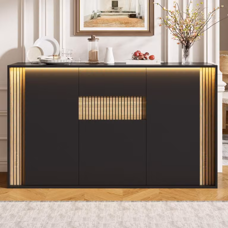 Mobile contenitore laterale Merax, con 3 ante e un cassetto, illuminazione a LED, armadio contenitore per soggiorno e sala da pranzo, colore nero