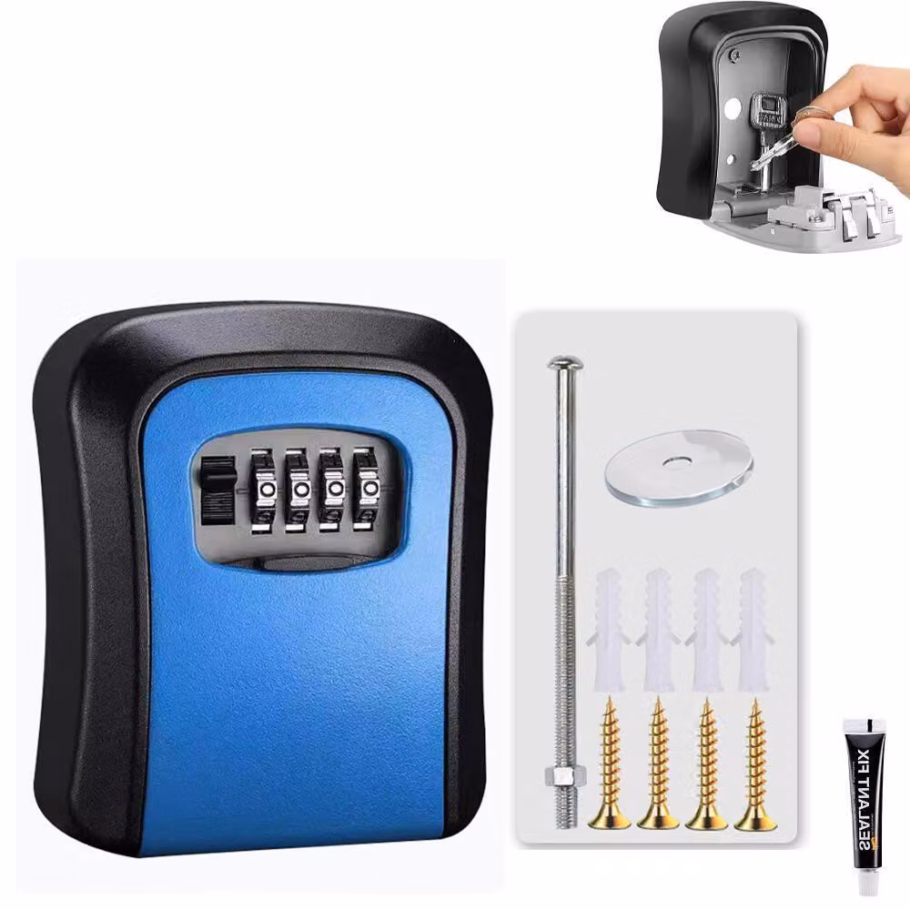 Cassaforte per chiavi con serratura a combinazione – Codice a 4 cifre – Scatola portachiavi per esterni – Resistente alle intemperie – Con viti e adesivo – 11,7x9,7x4 cm – Blu