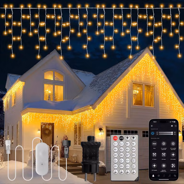 Catena luminosa a LED per esterni, luce bianco caldo, 18 metri, grado di protezione IP44, con telecomando
