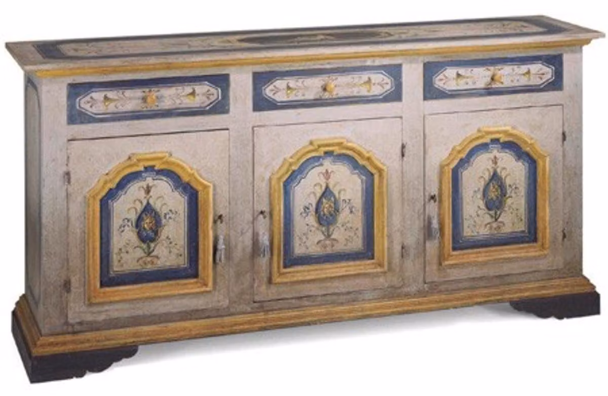 Mobile bar "Casa Padrino" in stile barocco, aspetto vintage, bianco/blu/giallo, dipinto a mano, dimensioni: 205 x 50 x 101 cm