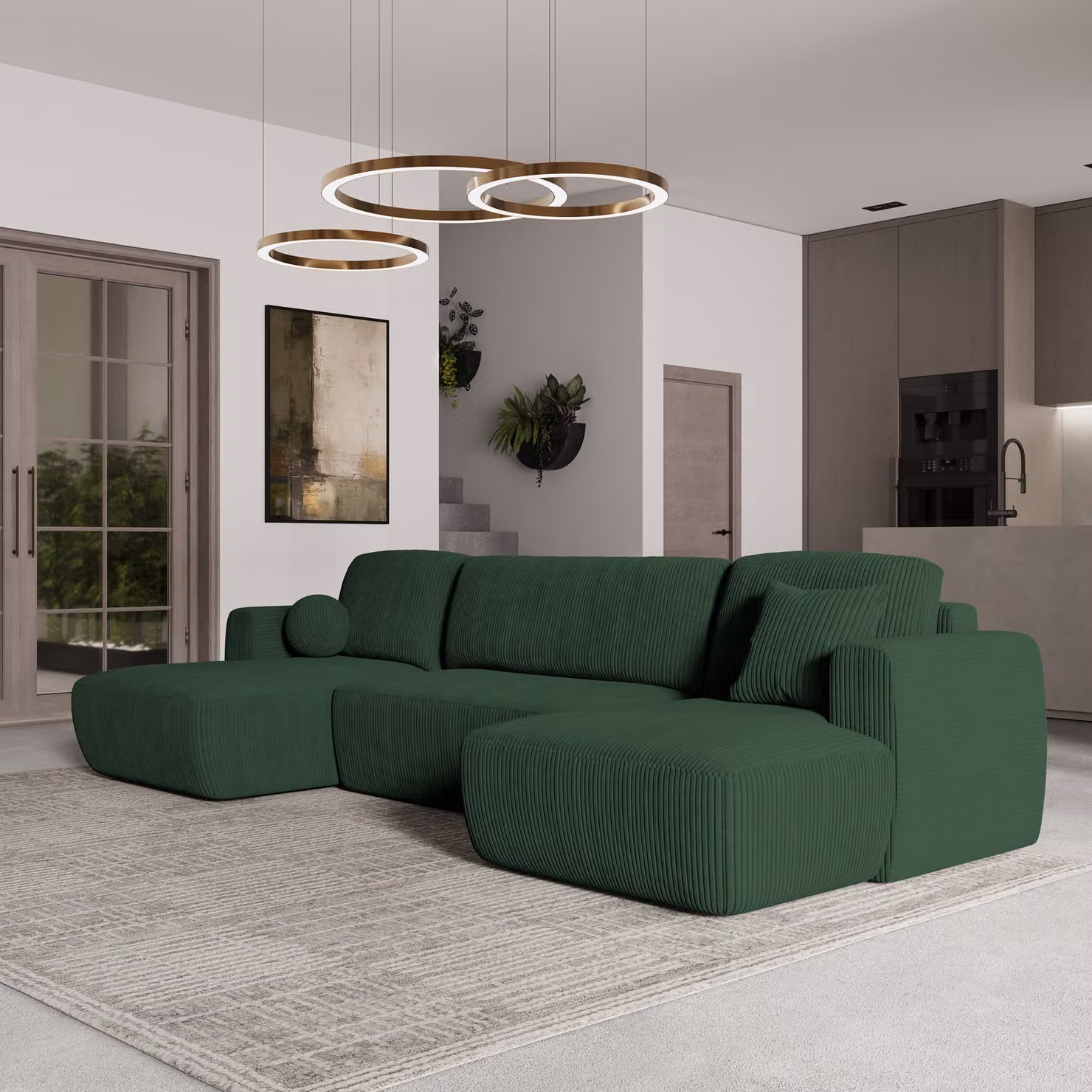 Divano angolare SENTUM P di Masseno con funzione letto a U, divano con box letto, divano da soggiorno, divano, divano letto, set di divani - verde, POSO 14