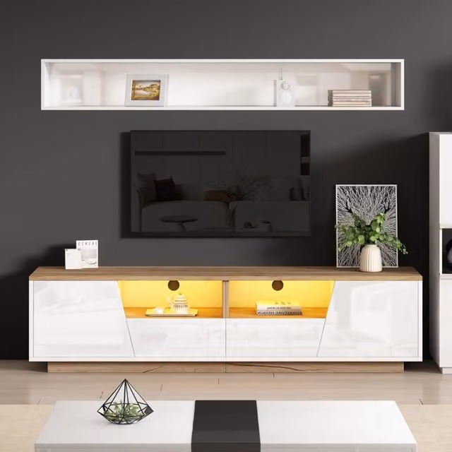 Mobile TV REDOM moderno in legno bianco e beige con illuminazione LED integrata L: 180 cm, P: 40 cm, H: 46 cm