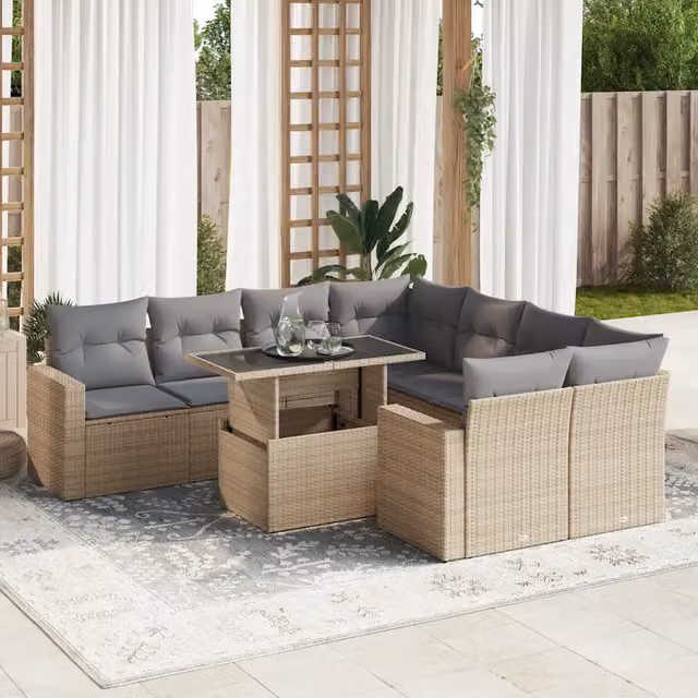 Set Divano da Giardino a L vidaXL 9 pz con Cuscini Beige e Tavolino in Polyrattan e Metallo