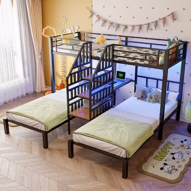 Letto a castello a 3 posti 90 × 200 cm, LED regolabile, 2 USB, presa e scrivania, senza materasso, nero