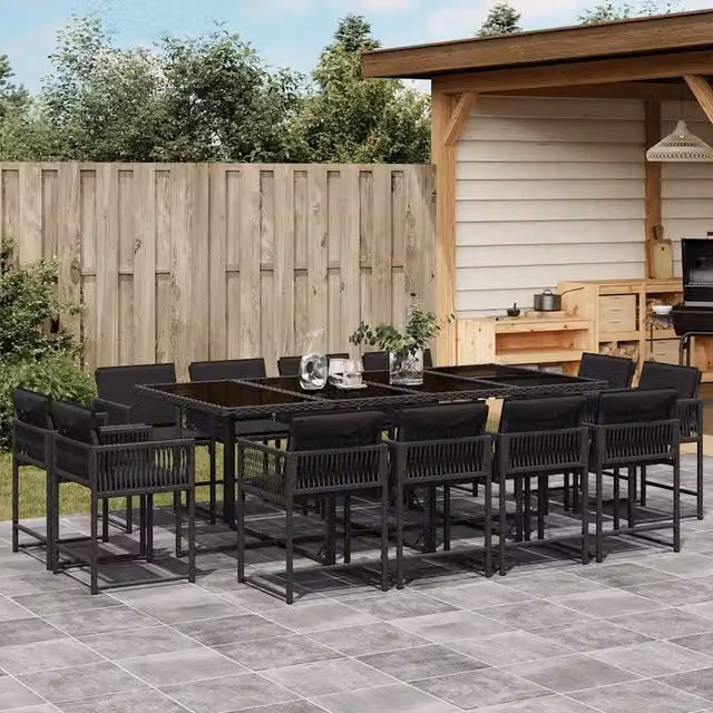 Set da pranzo da giardino vidaXL in polyrattan nero con cuscini e tavolo in vetro per esterno – 1