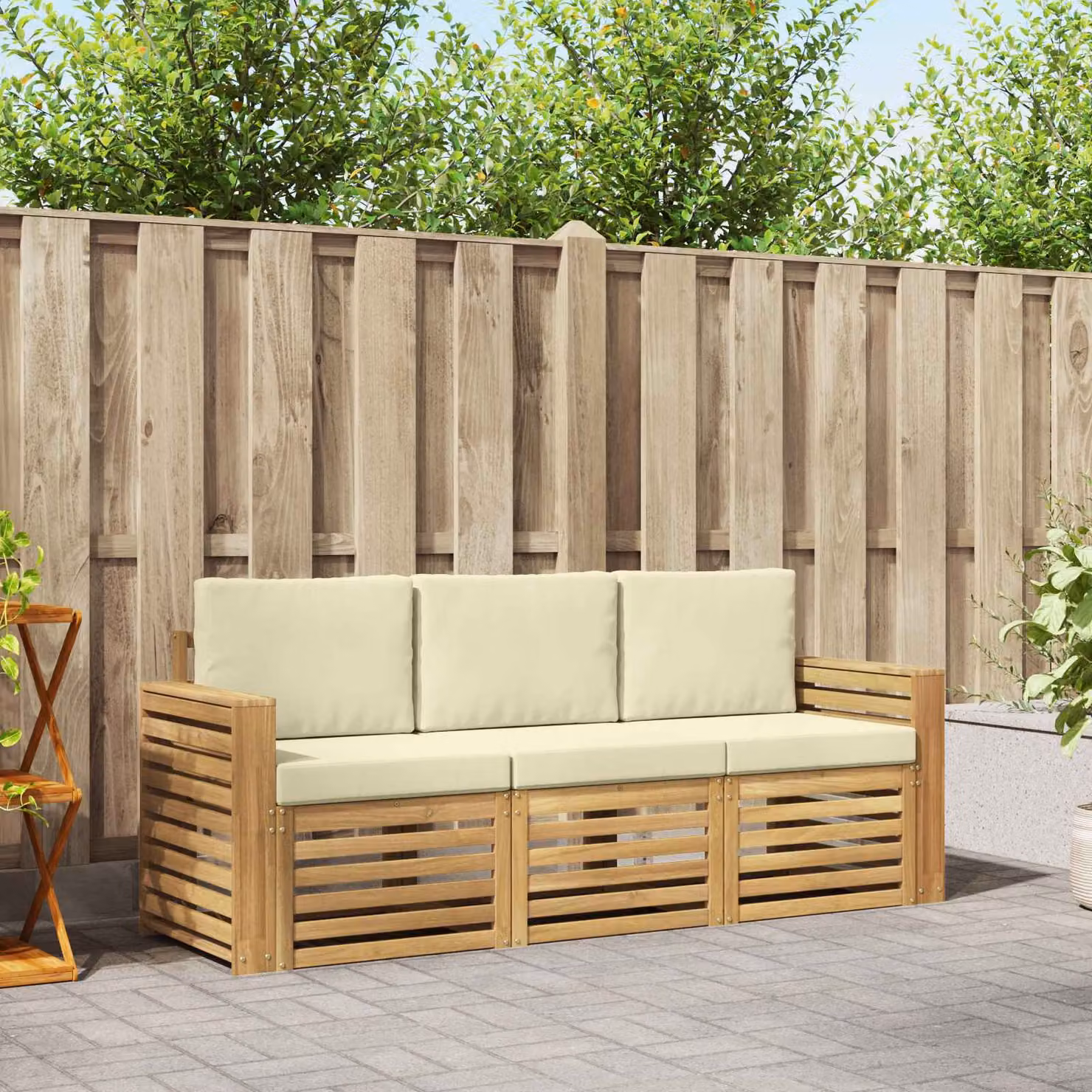 Set di divani da giardino vidaXL in legno di acacia con cuscini, Bianco e Beige