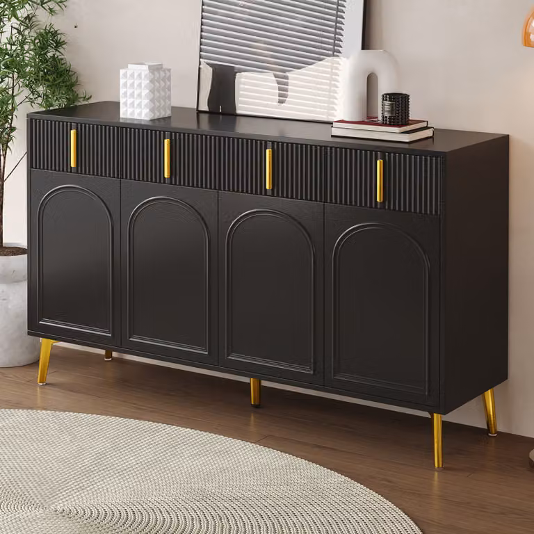 Credenza STILVORA con 4 cassetti, cassettiera con ripiani rimovibili in laminato, mobile di servizio con maniglie e gambe in metallo, nero