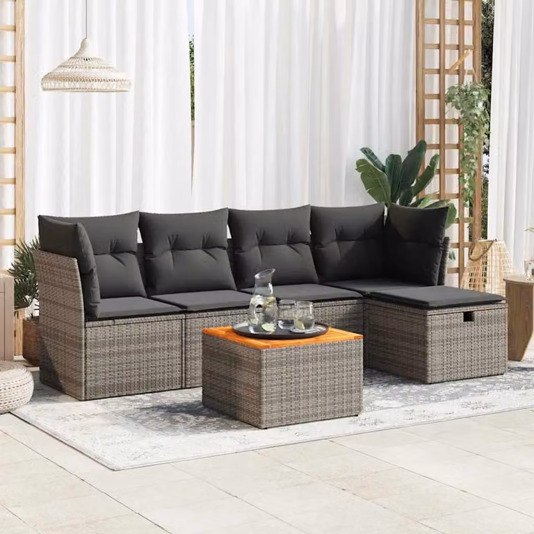 Set Divano da Giardino vidaXL 6 pz in Polyrattan con Cuscini Grigio e Marrone a Forma di L con Tavolino e Ottoman