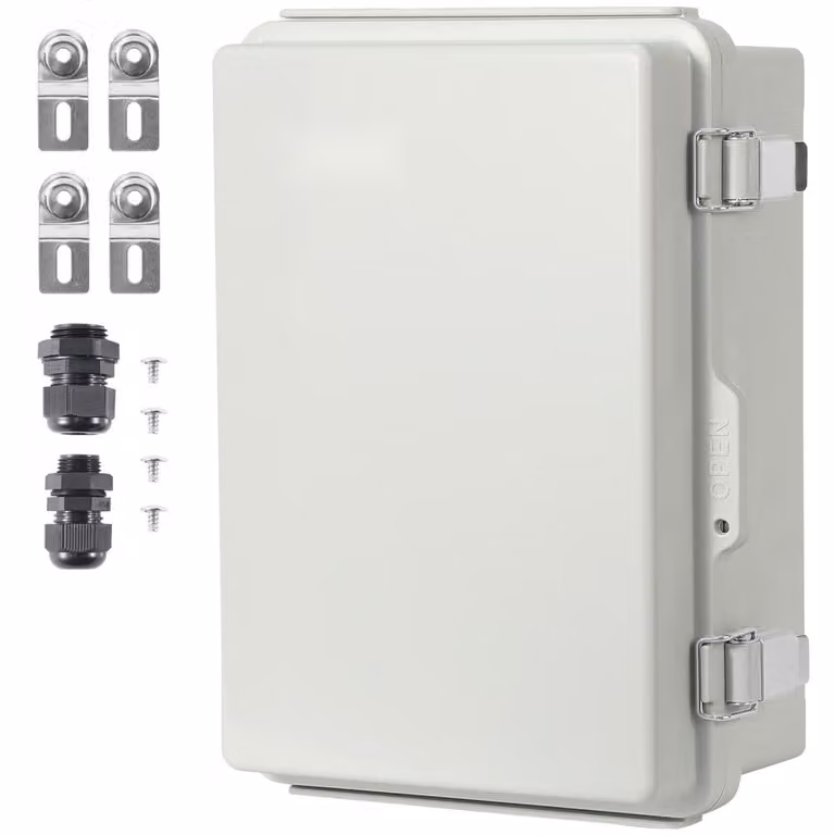Scatola di connessione elettrica per esterni - 300 x 200 x 180 mm, alloggiamento in plastica ABS con coperchio incernierato, chiusura in acciaio inox, IP67 - progetti elettrici per esterni
