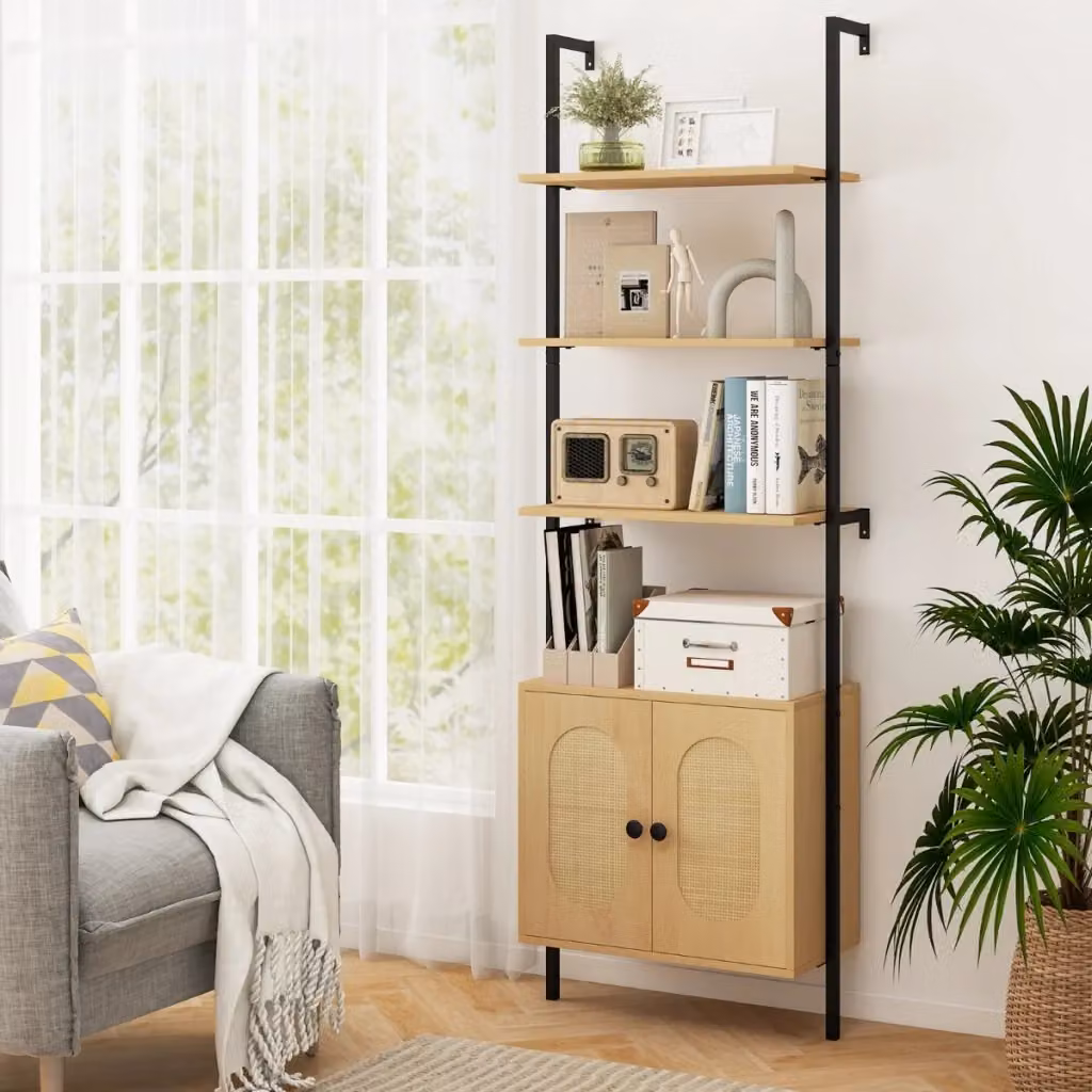 Libreria a scala a parete con 3 livelli e armadietto in rattan in legno naturale e metallo marrone stile boho con ripiani regolabili – 2