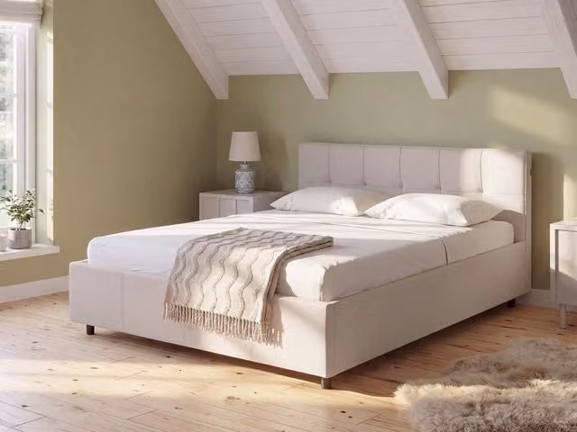 Letto con rete rivestito in tessuto beige chiaro con contenitore 140 x 200 cm design moderno