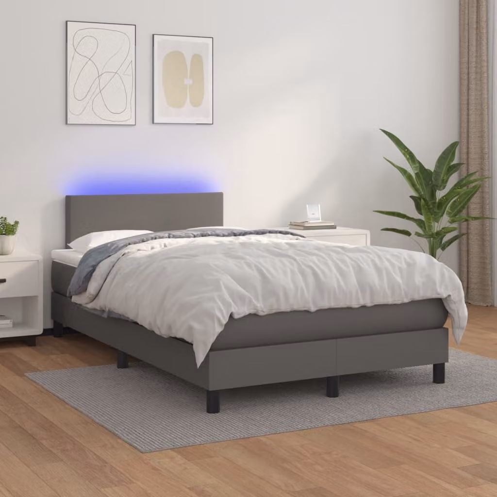 The Living Store Letto a molle con materasso e LED grigio 120x200 cm in ecopelle