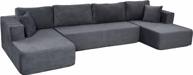 Divano Modulare HOMCOM a 4 Posti con 2 Chaise Longue e 6 Cuscini, Design a U in Velluto Grigio, L/P/H: 369 x 152 x 78 cm – 1