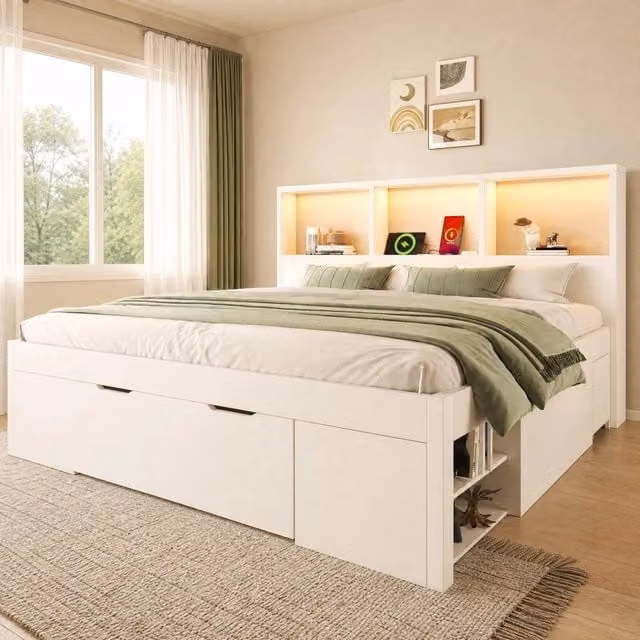 Letto 140x190 cm bianco con LED, USB-C e 2 comodini mobili
