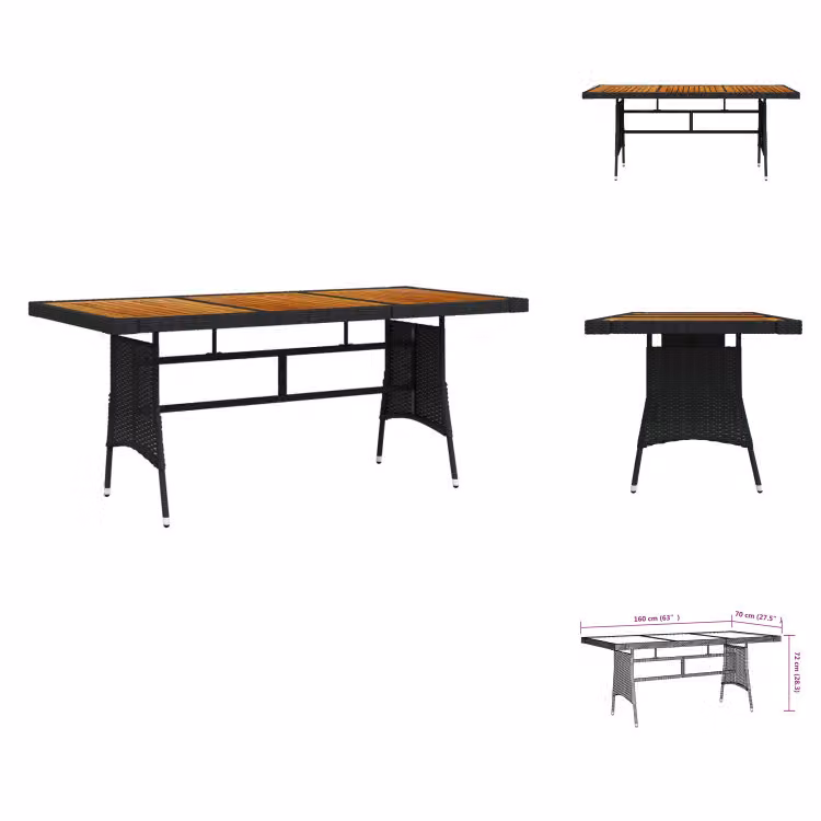 vidaXL Tavolo da giardino nero 160x70x72cm in poly rattan e legno massiccio di acacia - Tavoli da giardino