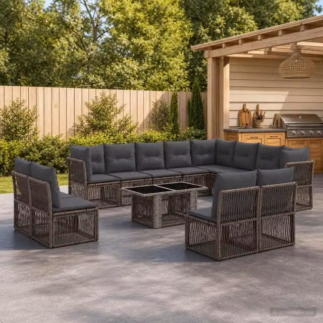 Set Divano da Giardino vidaXL 13 pz in Polyrattan Grigio con Tavolino e Cuscini – 1