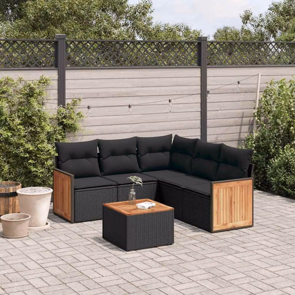 vidaXL Set Divano da Giardino 6 pz a L in Polyrattan Nero con Cuscini e Tavolino – 1