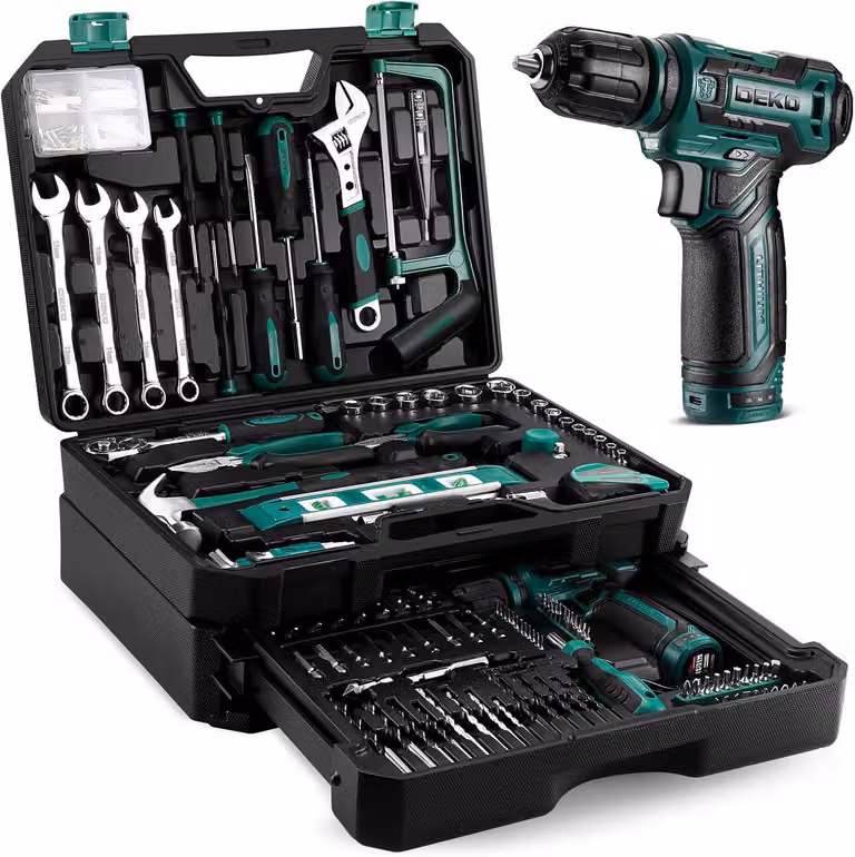 Kit di utensili da lavoro con trapano a batteria da 12V, composto da 238 pezzi, set di utensili per uso domestico, confezionato in valigetta