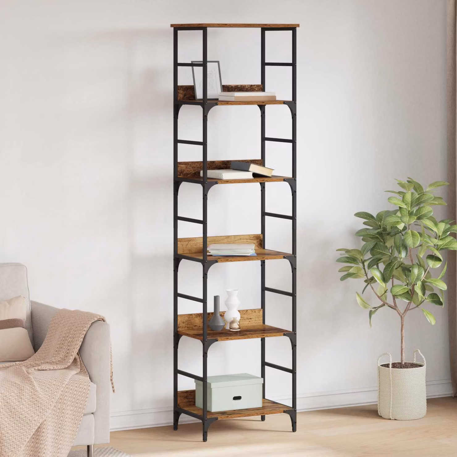 Libreria moderna vidaXL a 5 livelli in legno e metallo, colore marrone, L 50 cm x P 33 cm x H 188,5 cm