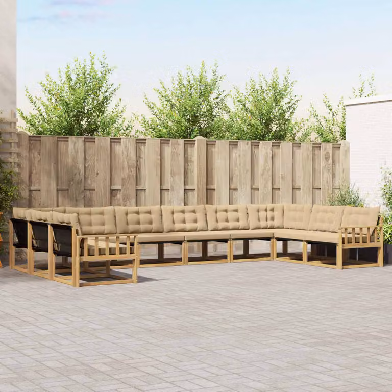 Set di divani da esterno vidaXL a forma di U composto da 10 pezzi in legno di acacia con cuscini bianchi e beige