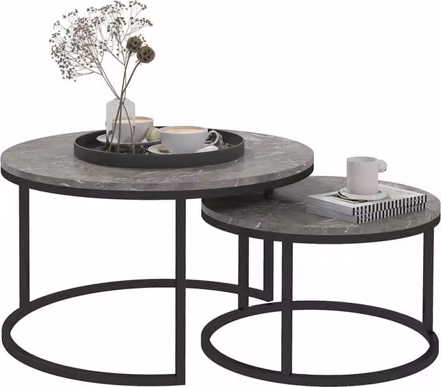 Set di 2 tavolini da salotto impilabili HOMCOM in stile industriale con piano effetto cemento e struttura in metallo grigio e nero – 1