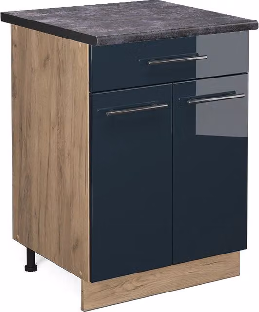 Mobiletto base per cucina Fame-Line Blu scuro lucido/Rovere dorato 60 cm con cassetto, PL Antracite Vicco