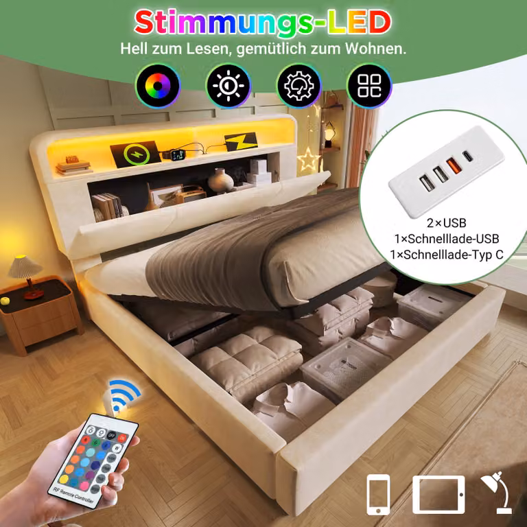 Letto imbottito 140x200 con illuminazione LED nella testata, spazio contenitore regolabile in altezza, meccanismo a sollevamento idraulico e porta USB/Type-C, color beige