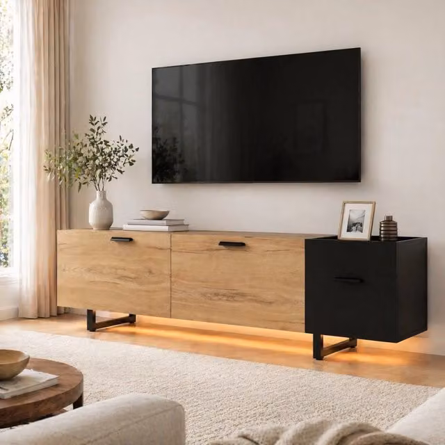 Mobile TV moderno REDOM in legno nero e tono legno con illuminazione LED integrata L: 180 cm, P: 38 cm, H: 49 cm