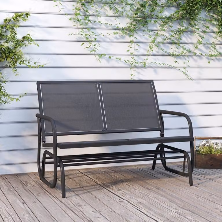 The Living Store Panca a dondolo da giardino nera 120,5x76x86,5 cm Tessile e acciaio