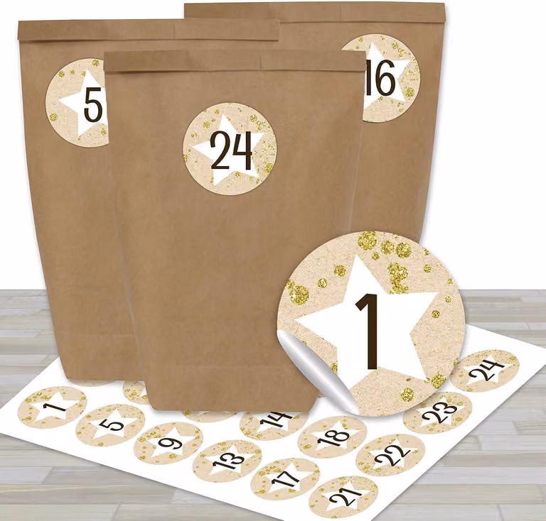 Calendario dell'Avvento fai-da-te da riempire - Contiene 24 sacchetti di carta marrone e 24 adesivi beige - Ideale per progetti creativi e fai-da-te - Mini Set n. 18