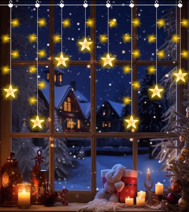Luci decorative a forma di stella di Natale, luce bianco caldo, alimentate a batteria, 85 LED