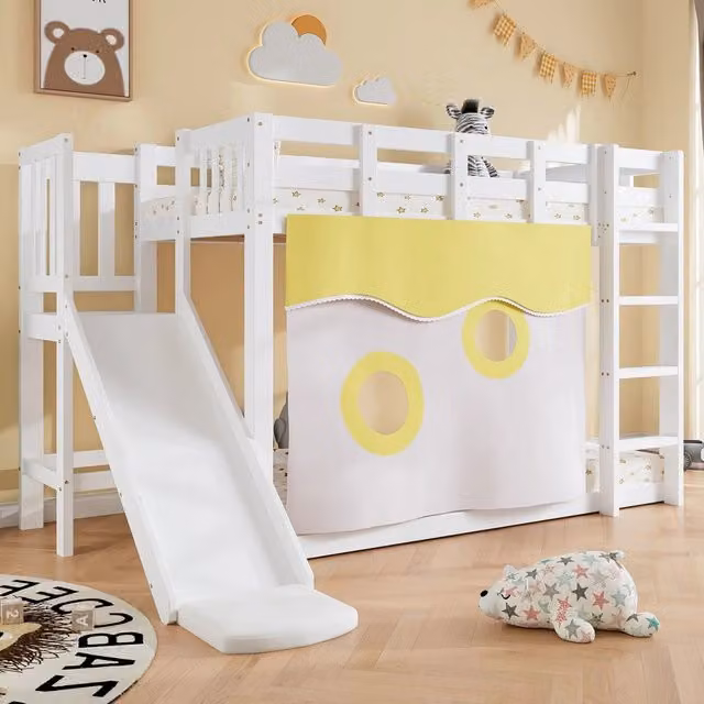 Letto a Castello in Legno con Scivolo e Baldacchino ¨C MINIMAL ¨C Bianco, Pino MDF, 90x200
