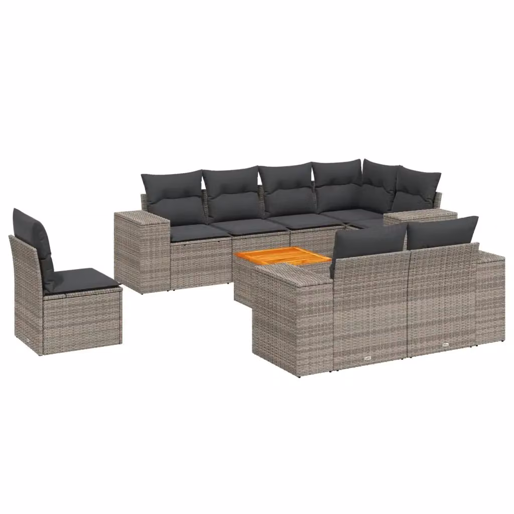 vidaXL Set Divano da Giardino 9 pz a Forma di L in Polyrattan Grigio con Cuscini e Tavolino – 2