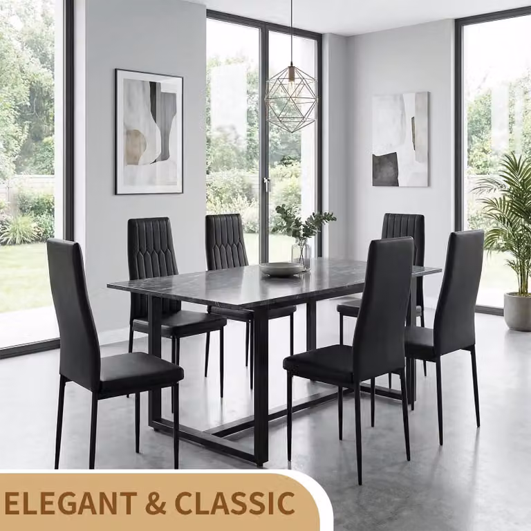 Set da 6 sedie da pranzo - Sedie da cucina - Seduta imbottita in ecopelle - Gambe in metallo - Schienale con maniglia ad anello - Design moderno - Nero