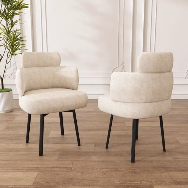 Sedia da sala da pranzo girevole con braccioli, schienale curvo e imbottitura in ciniglia bianco crema, 60×56×53 cm